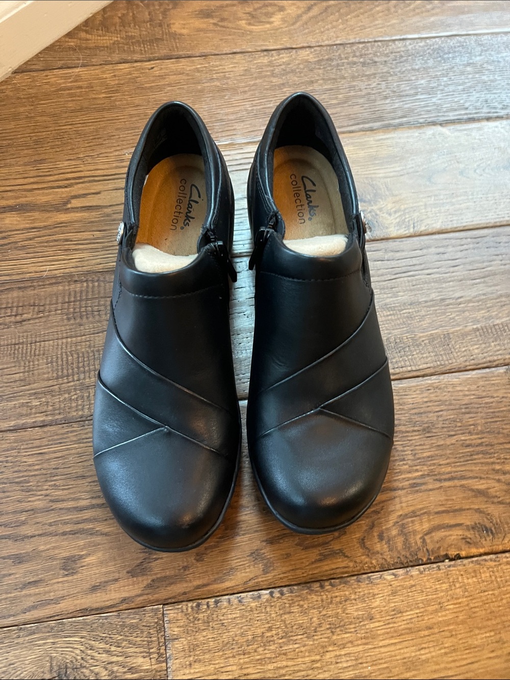 Clarks Black Leather Slip-On with Cross-Stitch Detail